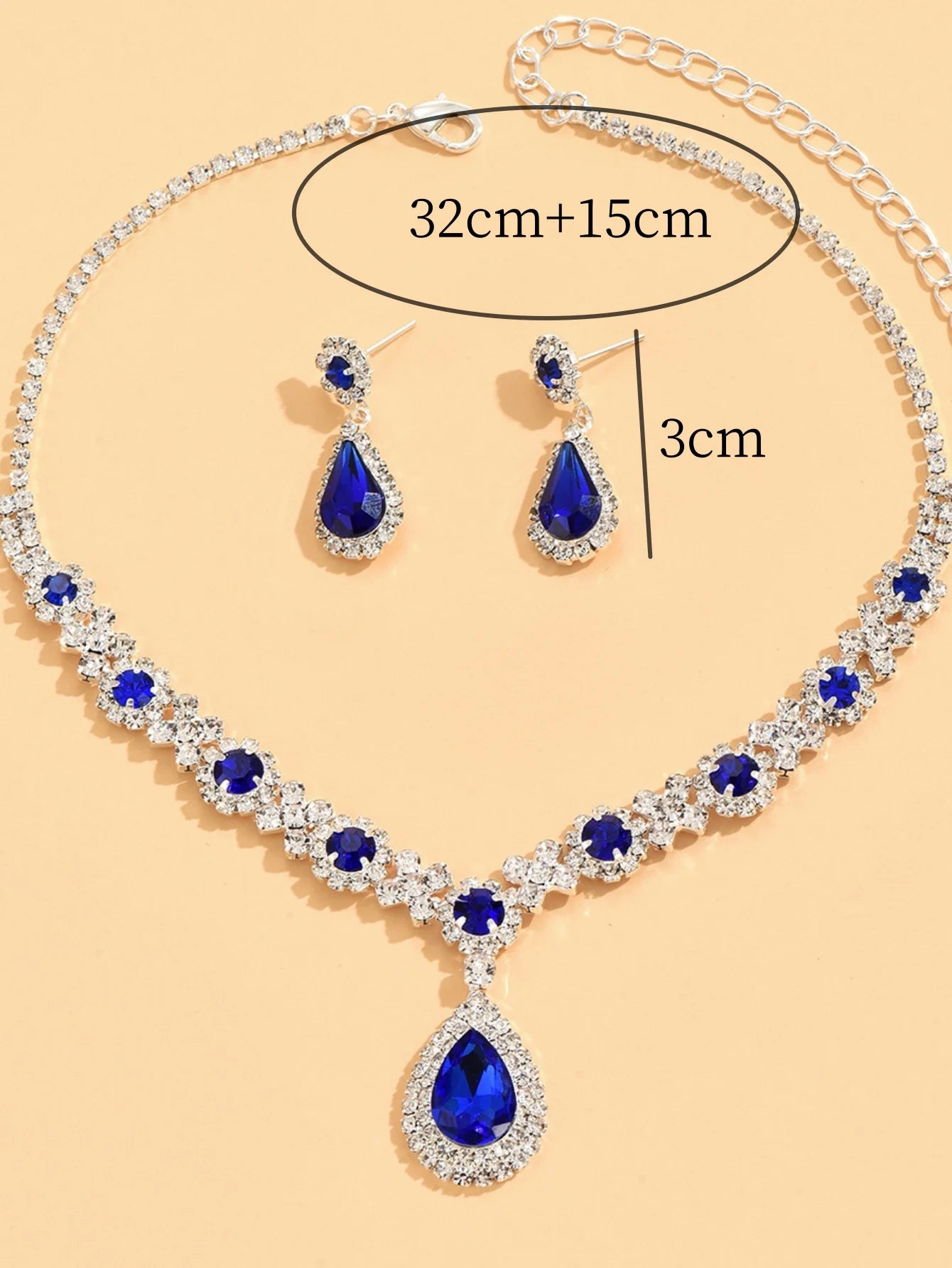 (Isabella) 3 pieces of women's crystal droplet necklace with earrings set for wedding evening dress accessories