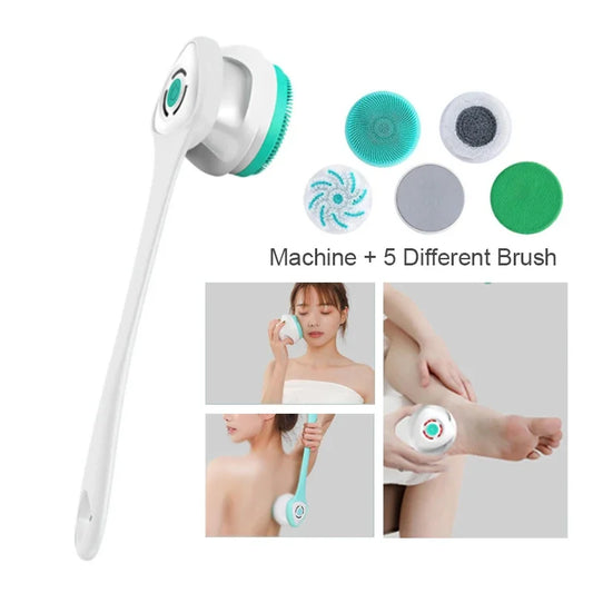 Say goodbye to back scrubbing... hello to a laptop spa! ✨5 in 1 Electric Shower Cleaning Brush Set Rechargeable Long Handle Silicone Back Rubbing Brush for Bath Body Cleaning & Massage