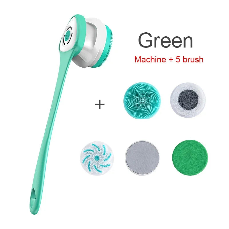 Say goodbye to back scrubbing... hello to a laptop spa! ✨5 in 1 Electric Shower Cleaning Brush Set Rechargeable Long Handle Silicone Back Rubbing Brush for Bath Body Cleaning & Massage