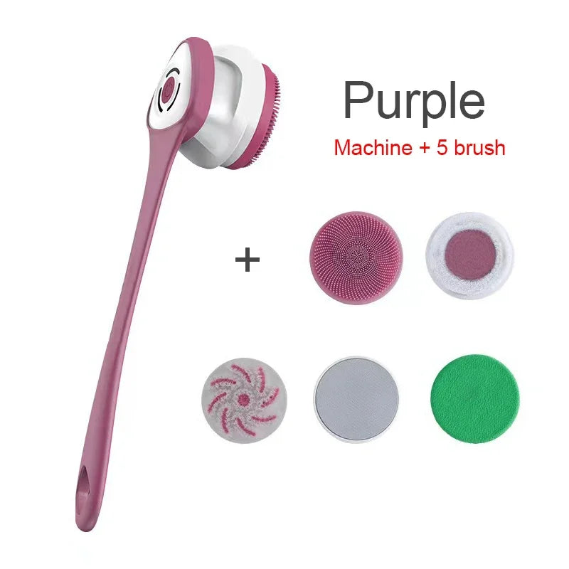 Say goodbye to back scrubbing... hello to a laptop spa! ✨5 in 1 Electric Shower Cleaning Brush Set Rechargeable Long Handle Silicone Back Rubbing Brush for Bath Body Cleaning & Massage